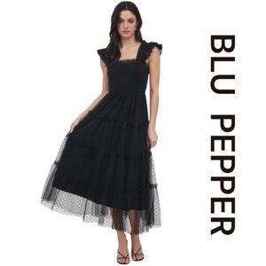 BLU PEPPER Black Polkadot Chiffon
Tiered Midi Dress, Size M.